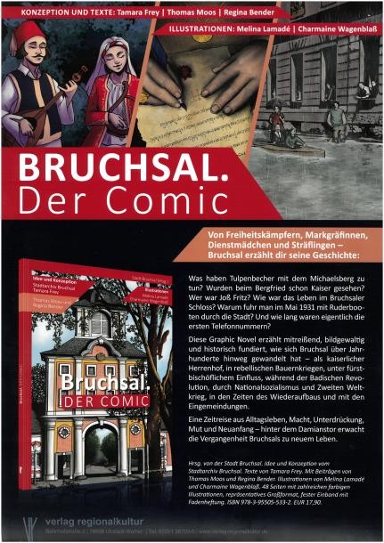 Poster zum Buch "Bruchsal. Der Comic" mit Buchcover und Beispielbildern: Kosaken spielen für Amalie von Baden, mittelalterliche Urkunde, Hochwasser 1931