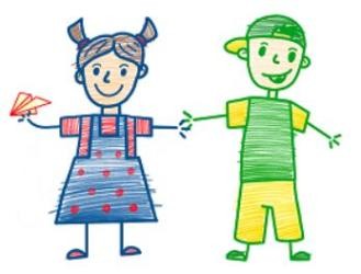 Mädchen und Junge mit Filzstiften gemalt und Papierflieger in der Hand 