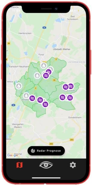 Screenshot Mobile Telefon mit Radar Prognose App_Landkarte Bruchsal