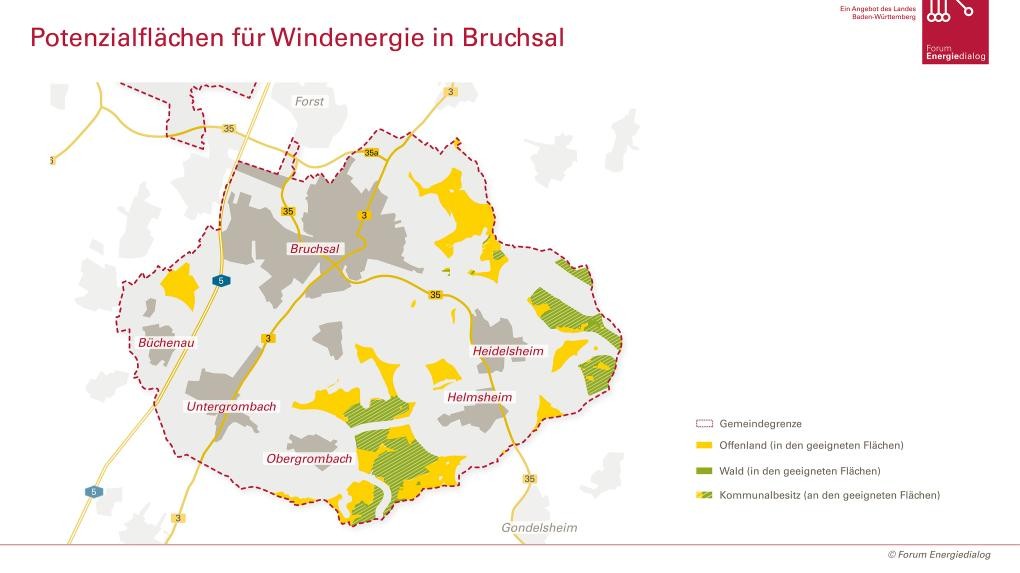 Karte mit Wald- und Offenlandflächen für Windenergieanlagen in Bruchsal