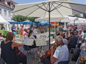 Musiker spielen Streichinstrumente Open-Air bei gutem Wetter vor Besuchern