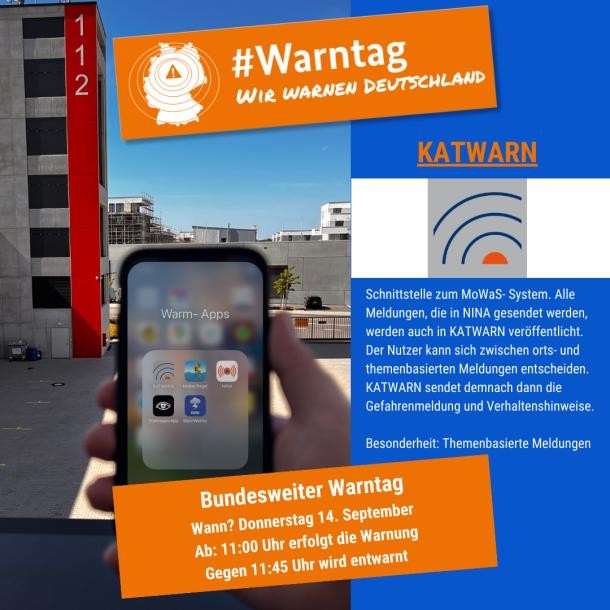 Hand mit Smartphone dazu Text zur KATWARN-App