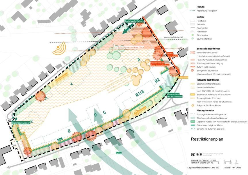 Restriktionsplan für das Projektgebiet mit Böschungen, Lärmpegelbereichen, freizuhaltenden Flächen für Ausgleichsmaßnahmen, Tunnelkorridor und zu erhaltenden Bäumen sowie bestehenden Zufahrten und technischen Infrastrukturen.
