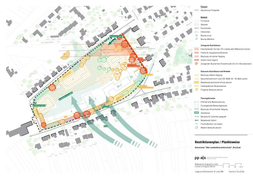 Plan mit Restriktionen für die Projektfläche: Darstellung von zurückgebauten Bestandsgebäuden, Böschungen mit unterschiedlicher Neigung, bestehenden Zufahrten und Bereichen, in denen Zufahrten nicht möglich sind. Markiert sind Lärmpegelbereiche nach DIN 18005, freizuhaltende Flächen für Ausgleichsmaßnahmen und ein Korridor beidseits der Mittelachse des Bahntunnels sowie zwingend zu erhaltende Bäume und bestehende technische Infrastrukturen.