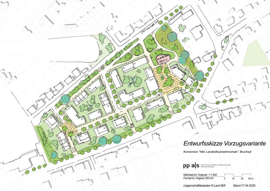 Entwurfsskizze des neuen Wohnquartiers mit Schwerpunkt ‚Wohnen für Alle‘: dargestellt sind Baukörper für unterschiedliche Wohnformen wie Gemeinschaftswohnen, Alten- und Generationenwohnen sowie bezahlbares Wohnen. Kurze Wege für Fuß- und Radverkehr, eine neue Busanbindung und eine bauliche Vielfalt aus kleinteiligen Stadthäusern und Mehrfamilienhäusern prägen das Gebiet. Nachbarschaftsgärten und gemeinschaftliche Höfe ergänzen private Gärten als Treffpunkte zum Spielen, Verweilen und Gärtnern. Ein zentraler Nachbarschaftsplatz mit klimaangepasster öffentlicher Grünfläche und ein Quartiershaus mit möglichem Café bilden die Mitte des Gebiets.