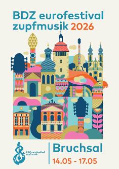 Buntes Plakat als Logo des Eurofestivals Zupfmusik 2026