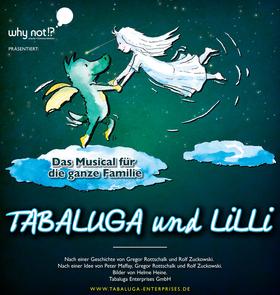 Tabaluga und Lilli auf Wolken mit grünem Hintergrund
