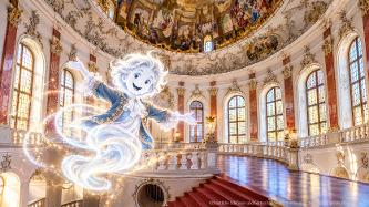 Bild von Balthasar, einem freundlichen Schlossgespenst, das durch den Kuppelsaal von Schloss Bruchsal schwebt. (KI-bearbeitet)