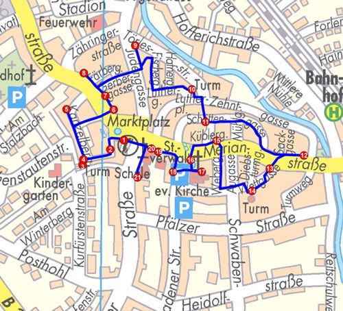 Stadtplan von Heidelsheim mit eingezeichneter Route