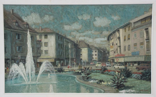 Gemälde mit Brunnen und Häuserfassaden, Himmel mit Wolken