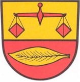 Wappen Büchenau_Rote Waage auf gelbem Hintergrund_Tabakblatt auf rotem Hintergrund                           