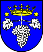 Wappen Untergrombach_Silberne Traube mit goldener Krone auf blauem Hintergrund