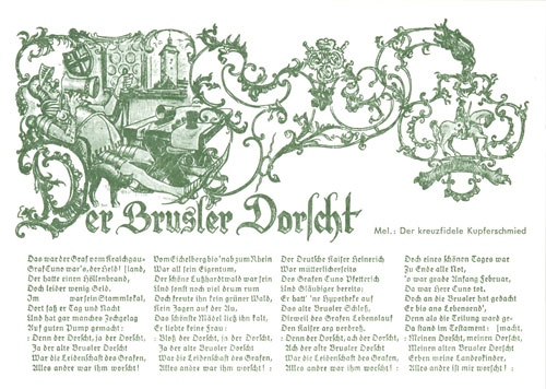 Postkarte mit dem Text "Der Brusler Dorscht"