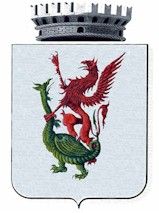 Bild zeigt das Stadtwappen der Stadt Volterra: Roter Drache kämpfend auf grünem Drachen, darüber eine Krone