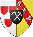 Wappen halbiert, linke Seite mit drei roten Wappen auf weißem Hintergrund, rechte Seite mit drei weißen Adler auf rotem Streifen mit gelbem Hintergrund, mittig Bergmannshammer und Meißel auf schwarzem Wappen