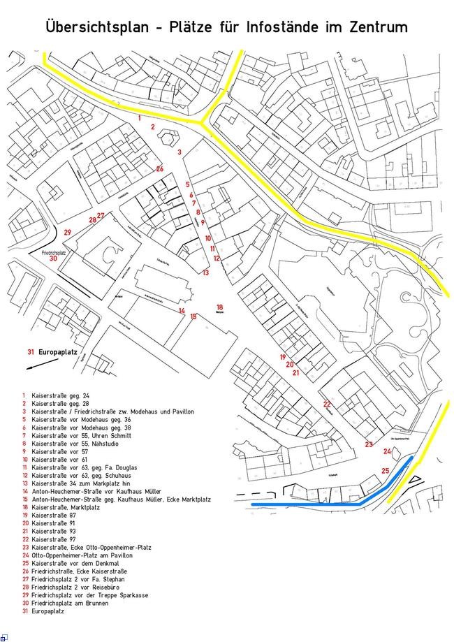 Stadtplan mit Nummern für die Standorte der Infostände