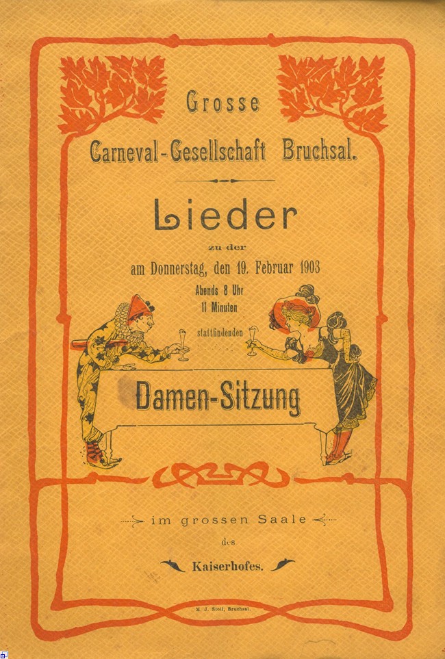 Liedblatt zur Damensitzung 1903, orangenes Titelblatt mit roten Ornamenten und Harlekinen