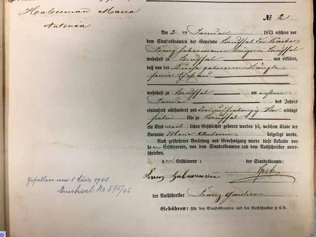 Geburtsregistereintrag des ersten Kindes 1873