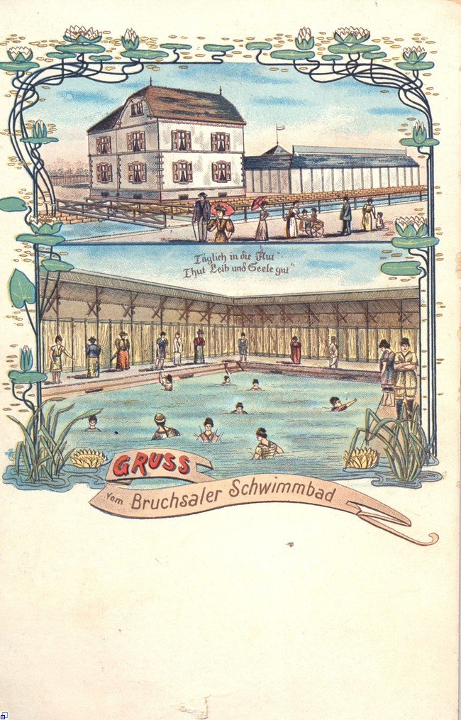 gemalte Postkarte des ersten Bruchsaler Schwimmbads