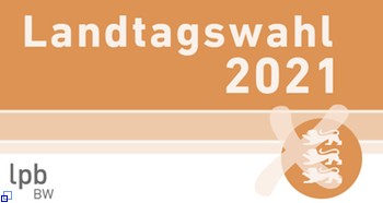 Logo Landtagswahl Baden-Württemberg 2021; orangfarbig/weißer Hintergrund; orangfarbiger Kreis mit den drei baden-württembergischen Löwen und darüber ein Kreuz