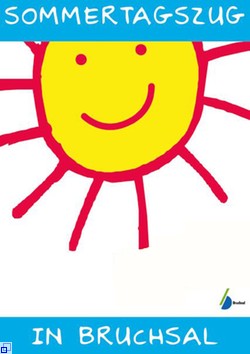 Gemalte, lachende Sonne mit roten Strahlen; Logo der Stadt Bruchsal; Schriftzug "Sommertagszug in Bruchsal"