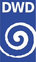 Logo Deutscher Wetterdienst; blauer Hintergrund mit weißer Spirale; Schriftzug DWD