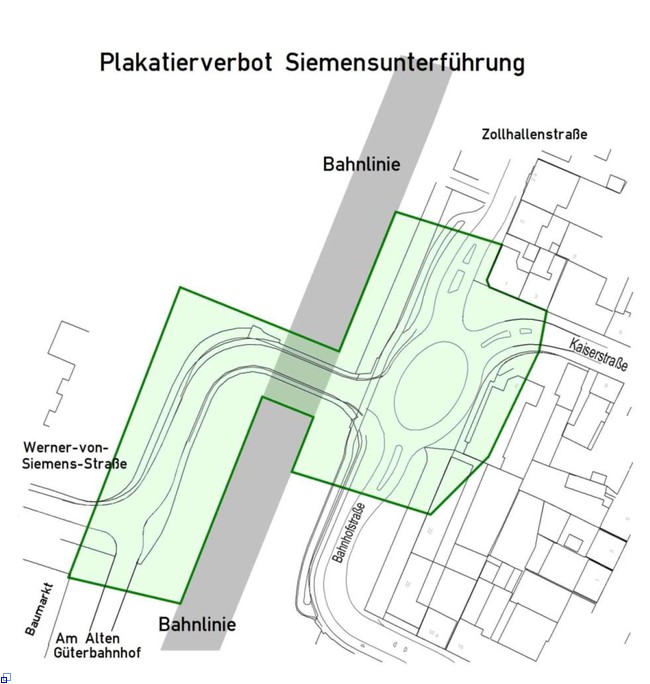 Stadtplan Simensunterführung mit markiertem Bereich für Plakatierungsverbot