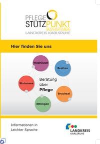 Cover der Broschüre Pflegestützpunkt Bruchsal in Leichter Sprache; Logo des Pflegestützpunktes und bunte Kreise