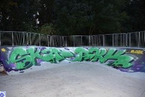 Grüner Schriftzug "Skatepark" auf einer Skaterampe